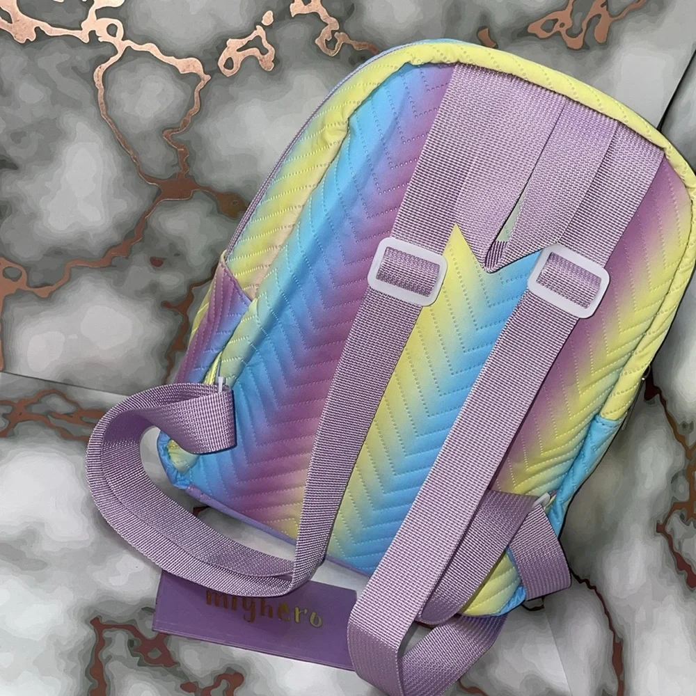 4pc RAINBOW SHERBET bundle with backpack, glass tumbler earrings & fur bagcharm - Picture 4 of 7